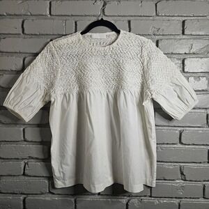 Merlette Womens Shirt Medium Orestes Blouse Ivory Smocked Yoke Puff Sleeves